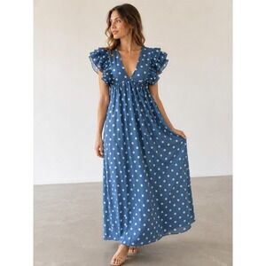 New Collection Blue Polka Dot Pleated Ruffle Maxi Dress Size M Cottage Boho Chic